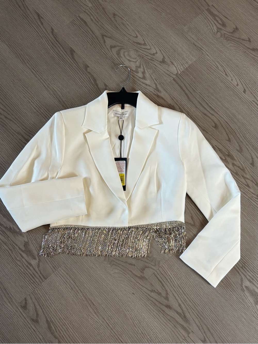 Gianni Bini White Cropped Blazer with Silver Crystal Fringe